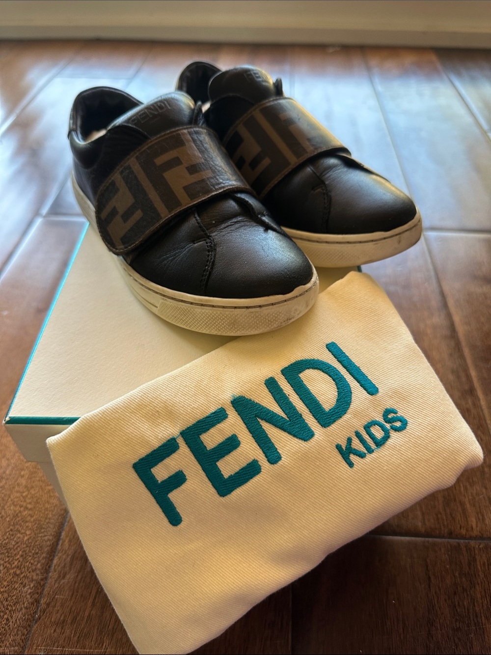 Fendi Kids Black Leather Logo Strap Slip-On Sneakers
